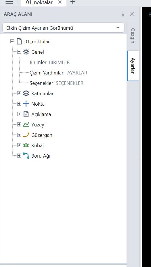 Araç alanı · Ayarlar — birim, çizim yardımcıları, katman, nokta, açıklama, yüzey, güzergâh, kübaj ve boru ağı ayarları tek ağaçta.