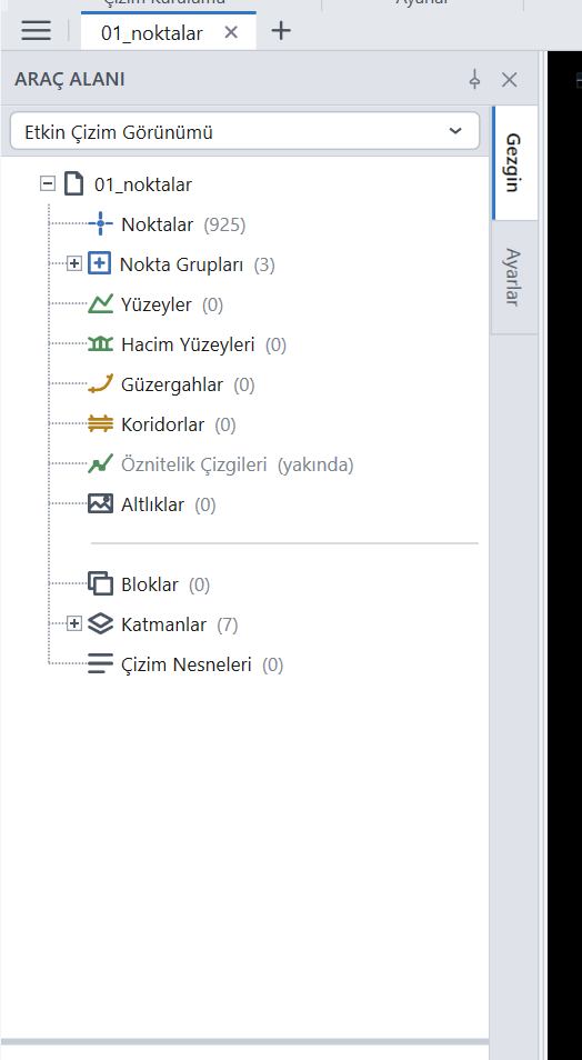 Araç alanı · Gezgin — çizimdeki her şeyin envanteri: noktalar, nokta grupları, yüzeyler, hacim yüzeyleri, güzergâhlar, koridorlar, altlıklar, bloklar ve katmanlar. Sayılar canlı.