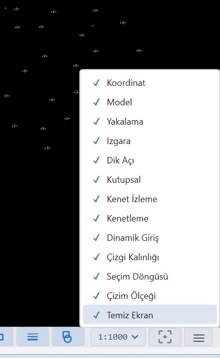 Durum çubuğu anahtarları — koordinat, model, yakalama, ızgara, dik açı, kutupsal, kenet izleme, dinamik giriş, çizgi kalınlığı, seçim döngüsü, çizim ölçeği ve temiz ekran.