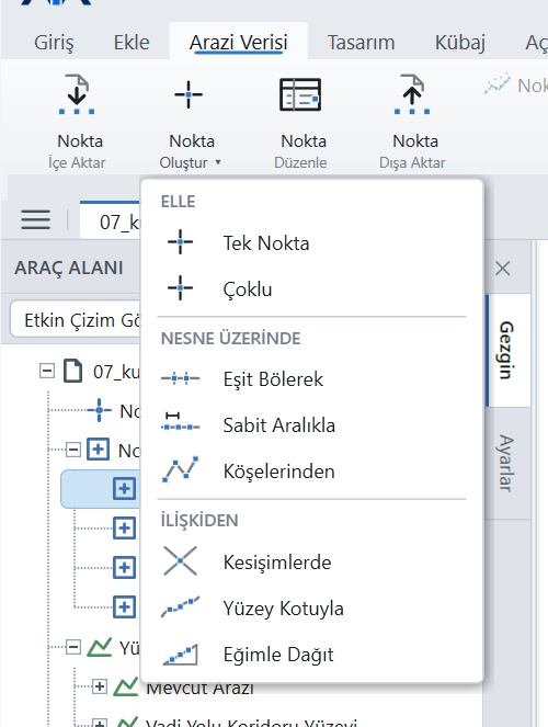 Nokta oluşturma yolları — elle (tek/çoklu), nesne üzerinde (eşit bölerek, sabit aralıkla, köşelerinden) ve ilişkiden (kesişimlerde, yüzey kotuyla, eğimle dağıt).